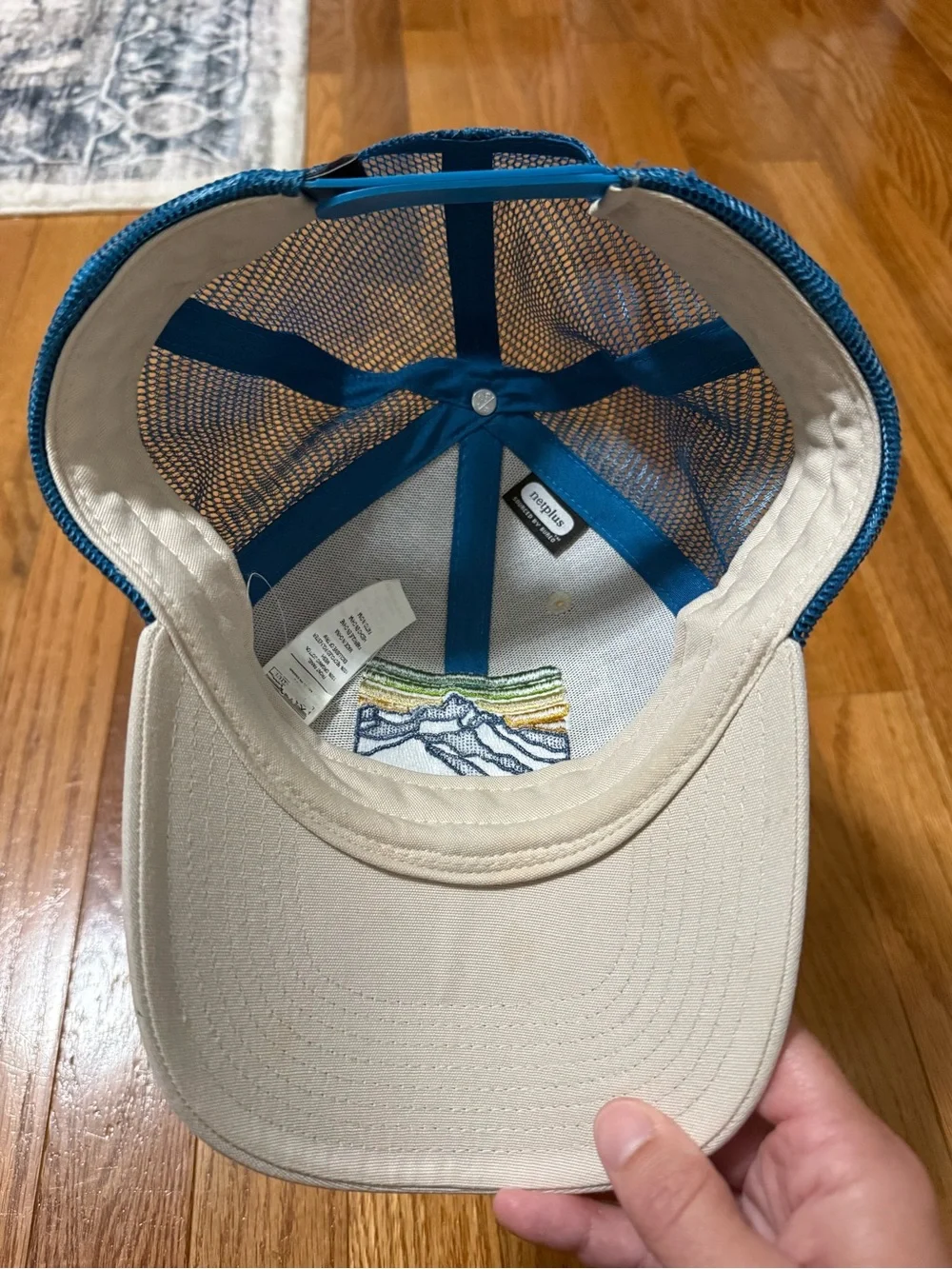 Patagonia Cream and Blue Trucker Hat with Multi-Stripe Mountain Logo